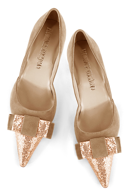 Powder pink and biscuit beige women's open arch dress pumps. Pointed toe. Medium slim heel. Top view - Florence KOOIJMAN